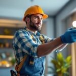 A photograph of a lighting contractor installing type t led lamps in a modern residential or commercial setting