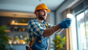 A photograph of a lighting contractor installing type t led lamps in a modern residential or commercial setting