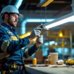 A photograph of a lighting contractor installing a fluorescent to led conversion kit in a commercial space