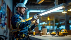A photograph of a lighting contractor installing a fluorescent to led conversion kit in a commercial space