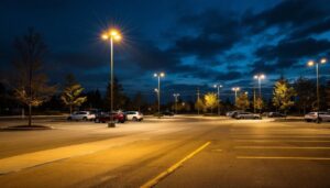 A photograph of a well-lit outdoor parking lot at dusk