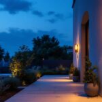 A photograph of a beautifully illuminated outdoor space featuring stylish commercial wall sconces