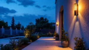 A photograph of a beautifully illuminated outdoor space featuring stylish commercial wall sconces
