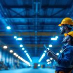A photograph of a well-lit warehouse interior showcasing various led warehouse lights in action