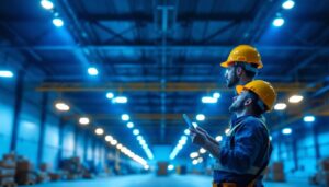 A photograph of a well-lit warehouse interior showcasing various led warehouse lights in action