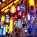 A photograph of a vibrant display of various fluorescent light bulbs in a well-lit setting