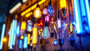 A photograph of a vibrant display of various fluorescent light bulbs in a well-lit setting