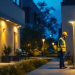 A photograph of a well-lit commercial outdoor space featuring solar exterior lights in action