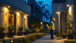 A photograph of a well-lit commercial outdoor space featuring solar exterior lights in action