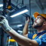 A photograph of a skilled lighting contractor installing or adjusting a modern 2x4 light fixture in a well-lit commercial space