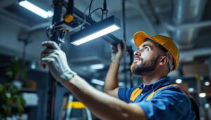 A photograph of a skilled lighting contractor installing or adjusting a modern 2x4 light fixture in a well-lit commercial space