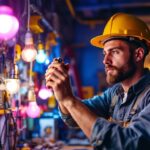 A photograph of capture a photograph of a lighting contractor in a well-lit workspace