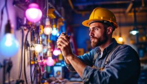 A photograph of capture a photograph of a lighting contractor in a well-lit workspace