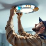 A photograph of a lighting contractor skillfully installing or adjusting a ceiling fixture in a well-lit room