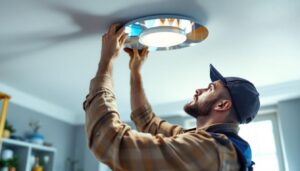 A photograph of a lighting contractor skillfully installing or adjusting a ceiling fixture in a well-lit room
