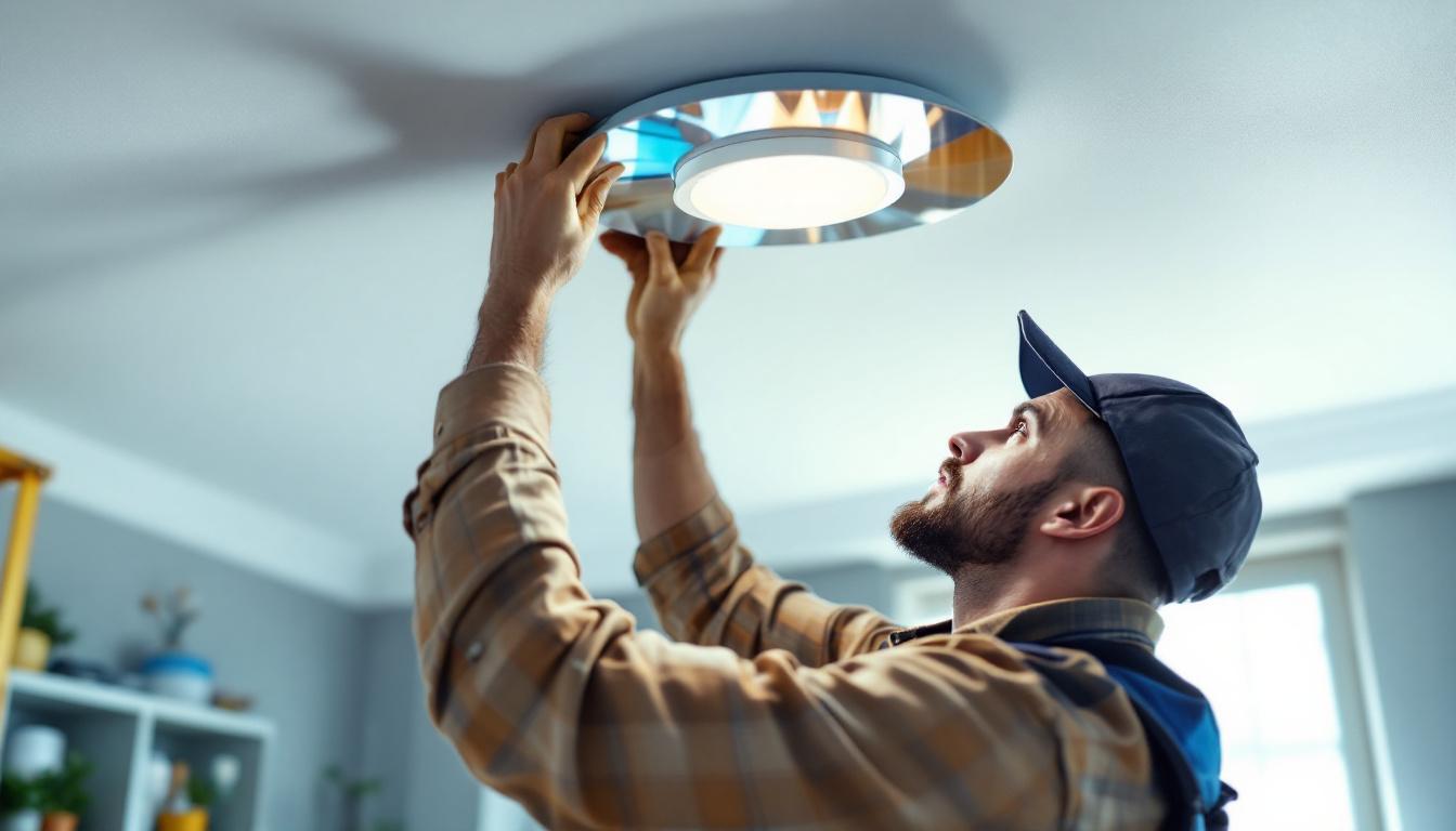 A photograph of a lighting contractor skillfully installing or adjusting a ceiling fixture in a well-lit room