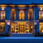 A photograph of a beautifully illuminated building exterior at dusk