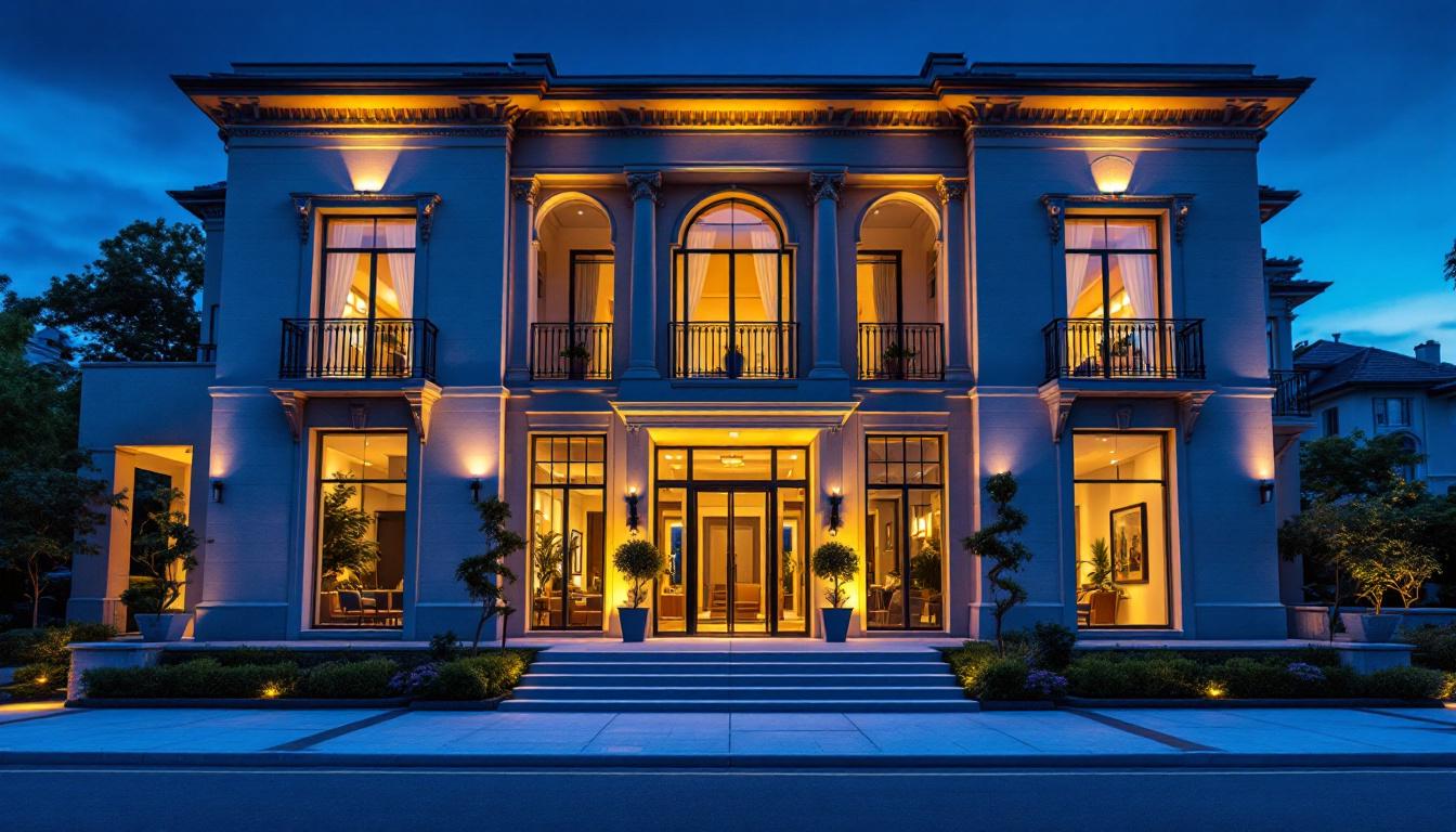 A photograph of a beautifully illuminated building exterior at dusk