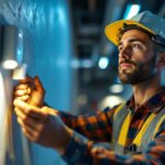 A photograph of a lighting contractor installing a motion sensor in a well-lit environment