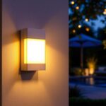 A photograph of a beautifully designed exterior box light illuminating a stylish outdoor setting