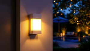 A photograph of a beautifully designed exterior box light illuminating a stylish outdoor setting