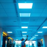 A photograph of a well-lit commercial space featuring 2x4 led drop ceiling lights in action