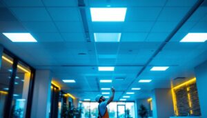 A photograph of a well-lit commercial space featuring 2x4 led drop ceiling lights in action