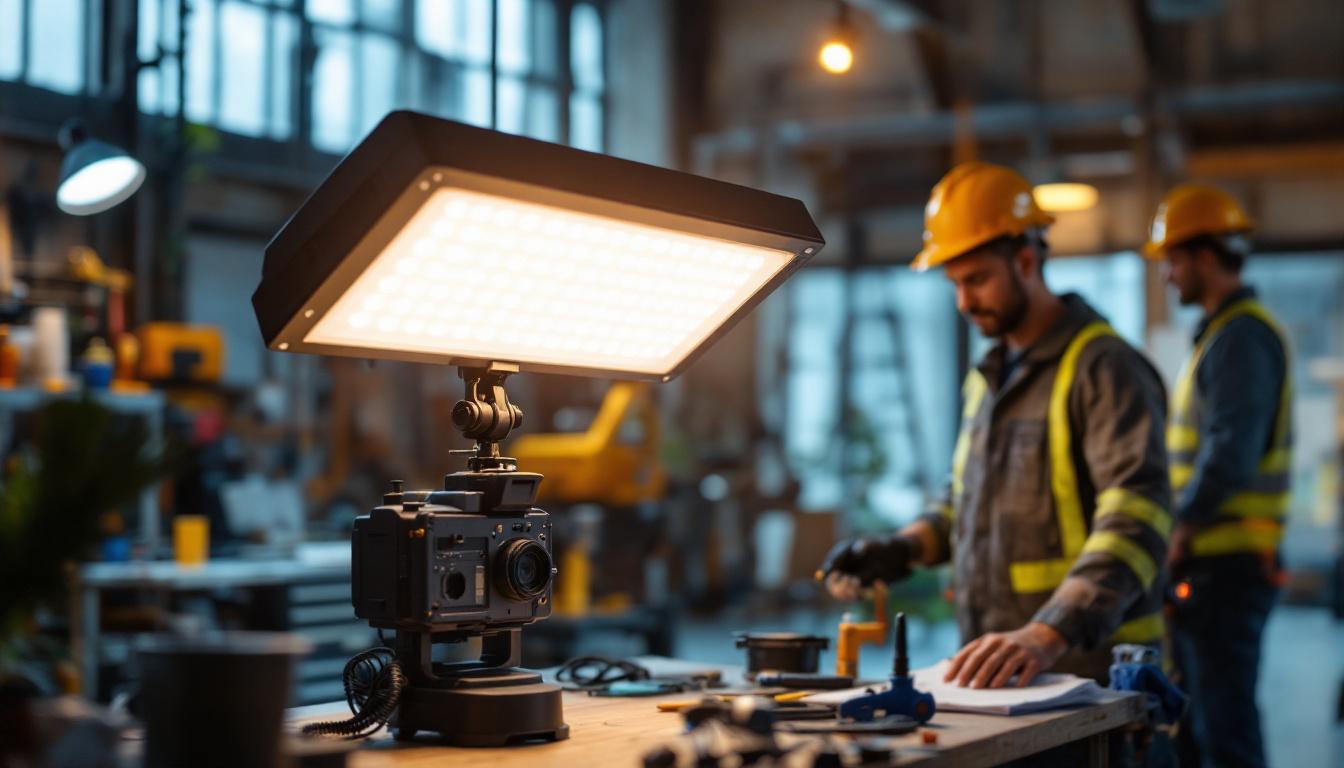 A photograph of a large led lamp in a well-lit workspace