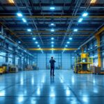 A photograph of a well-lit industrial space showcasing high bay linear led lights in action