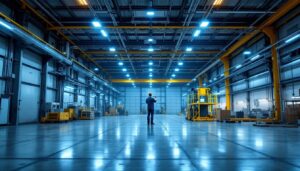 A photograph of a well-lit industrial space showcasing high bay linear led lights in action