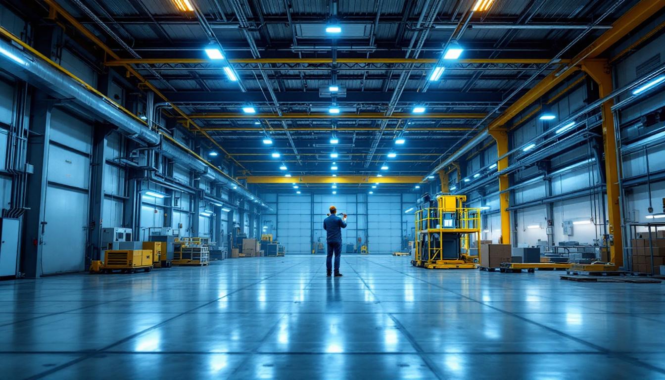 A photograph of a well-lit industrial space showcasing high bay linear led lights in action