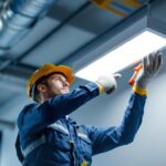 A photograph of a lighting contractor installing an 8-foot led light fixture in a commercial space