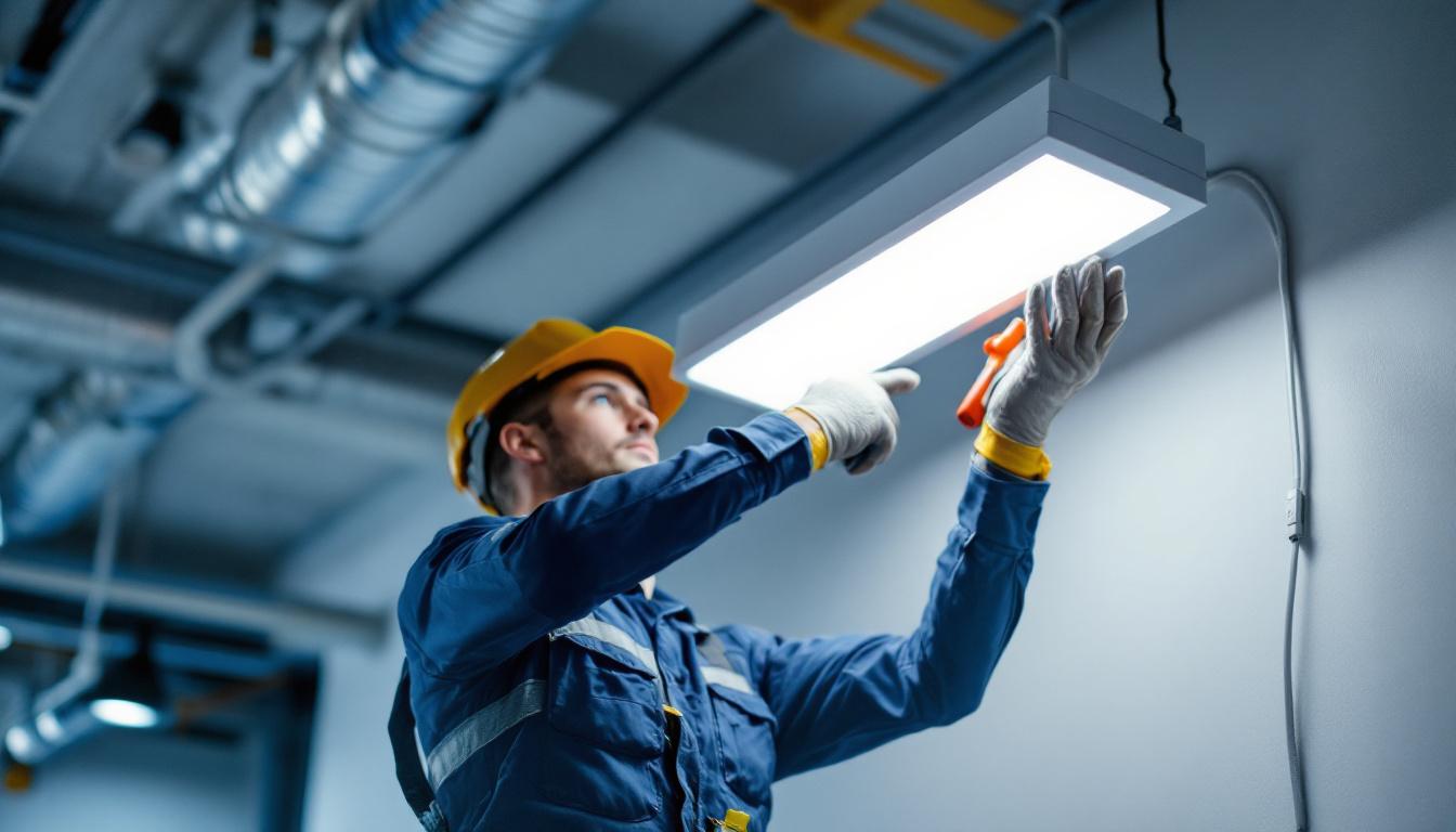A photograph of a lighting contractor installing an 8-foot led light fixture in a commercial space