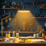 A photograph of a well-lit workspace showcasing a led linkable shop light in action
