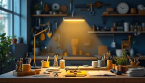 A photograph of a well-lit workspace showcasing a led linkable shop light in action