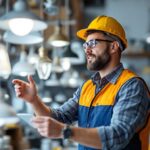 A photograph of a lighting contractor examining a variety of lighting fixtures at a wholesale supplier's showroom