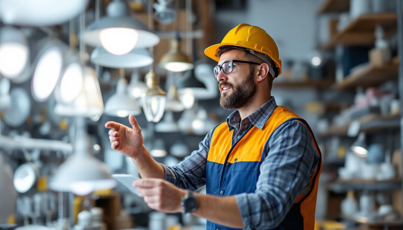 A photograph of a lighting contractor examining a variety of lighting fixtures at a wholesale supplier's showroom