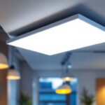 A photograph of a sleek 2x4 troffer light fixture installed in a modern commercial space