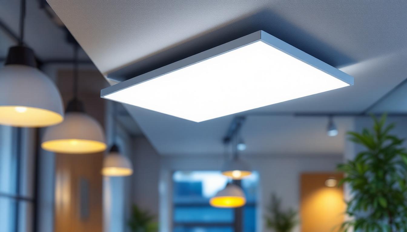 A photograph of a sleek 2x4 troffer light fixture installed in a modern commercial space