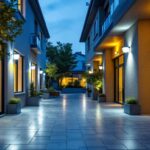 A photograph of a well-lit commercial exterior space showcasing solar lighting fixtures in use