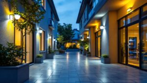 A photograph of a well-lit commercial exterior space showcasing solar lighting fixtures in use