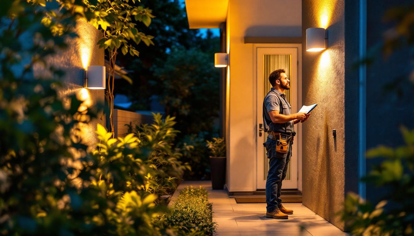 A photograph of a well-lit outdoor space featuring stylish led wall-mounted lights