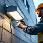 A photograph of a lighting contractor installing a wall pack led light fixture on the exterior of a building
