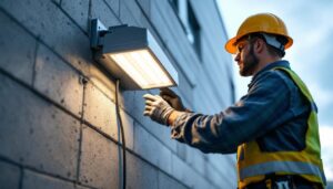 A photograph of a lighting contractor installing a wall pack led light fixture on the exterior of a building