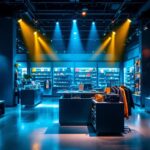 A photograph of a well-lit retail space showcasing vibrant led spotlights highlighting merchandise