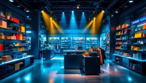 A photograph of a well-lit retail space showcasing vibrant led spotlights highlighting merchandise