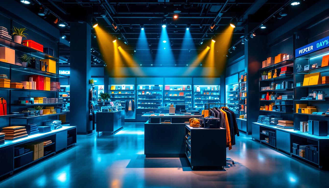 A photograph of a well-lit retail space showcasing vibrant led spotlights highlighting merchandise