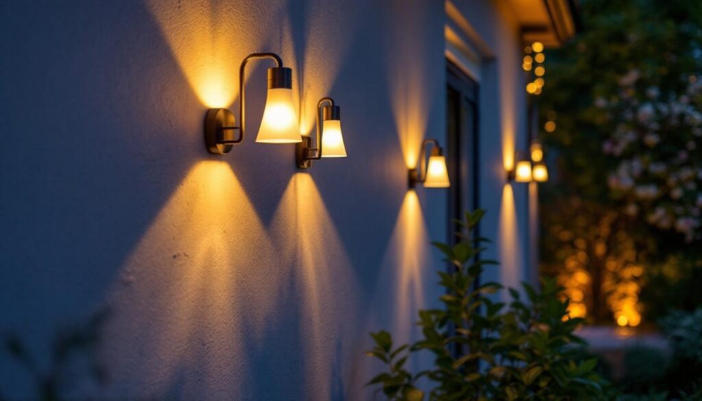 A photograph of capture a photograph of a beautifully illuminated outdoor space featuring various stylish light fixtures on a house