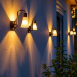 A photograph of capture a photograph of a beautifully illuminated outdoor space featuring various stylish light fixtures on a house