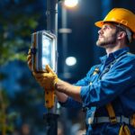 A photograph of a lighting contractor installing or inspecting a commercial light post in an urban setting